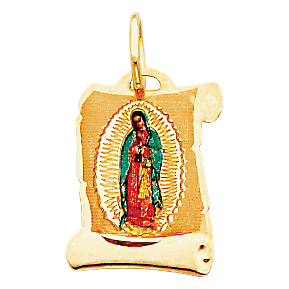 14K Yellow Gold 13mm Guadalupe Enamel Picture Religious Pendant