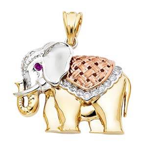 14k Tri Color Gold 33mm CZ Elephant Assorted Pendant