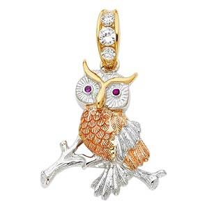 14k Tri Color Gold 29mm CZ Owl Assorted Pendant