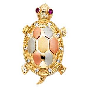14k Tri Color Gold 15mm CZ Turtle Assorted Pendant