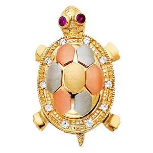 14k Tri Color Gold 15mm CZ Turtle Assorted Pendant