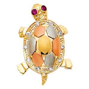 14k Tri Color Gold 13mm CZ Turtle Assorted Pendant