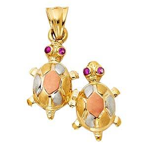 14k Tri Color Gold 20mm Twin Turtle Assorted Pendant