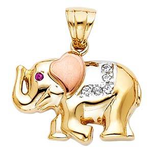 14k Tri Color Gold 20mm CZ Elephant Assorted Pendant
