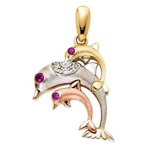 14k Tri Color Gold 15mm CZ Dolphin Assorted Pendant