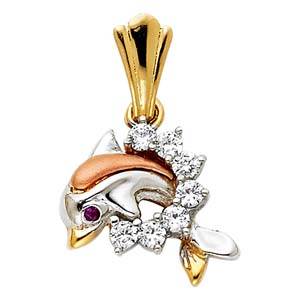 14k Tri Color Gold 15mm CZ Dolphin Assorted Pendant