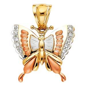 14k Tri Color Gold 23mm CZ Butterfly Assorted Pendant