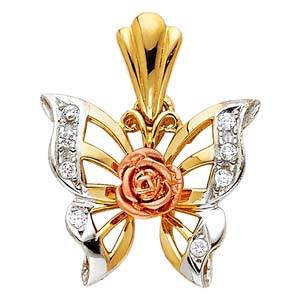 14k Tri Color Gold 19mm CZ Butterfly Assorted Pendant