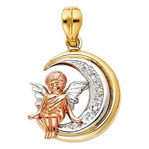 14k Tri Color Gold 17mm CZ Angel Assorted Pendant