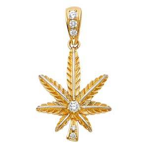 14k Yellow Gold 24mm CZ Marijuana Leaf Assorted Pendant