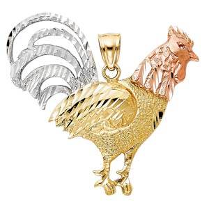 14k Tri Color Gold 39mm Rooster Assorted Pendant