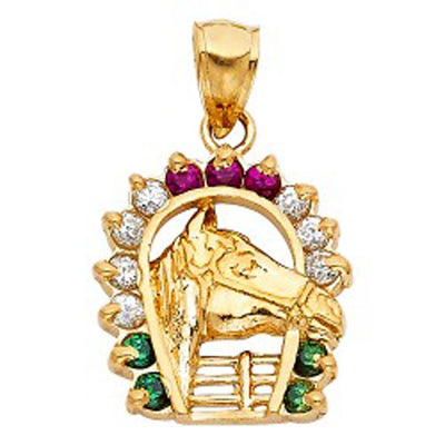 14K Yellow Gold 17mm CZ Lucky Horsehoe Pendant