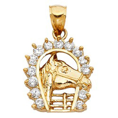 14K Yellow Gold 17mm CZ Lucky Horsehoe Pendant