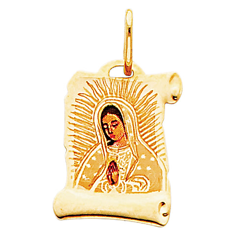 14K Yellow Gold 13mm Guadalupe Enamel Picture Religious Pendant