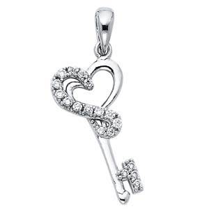 14K White Gold 10mm Heart Design Key Pendant