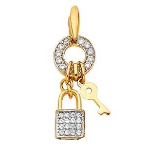 14K White Gold 8mm Lock and CZ Key Pendant