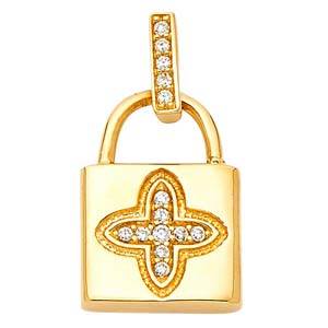 14K Yellow Gold 11mm CZ Lock Pendant