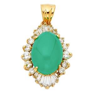 14K Yellow Gold 15mm CZ With Jade Pendant