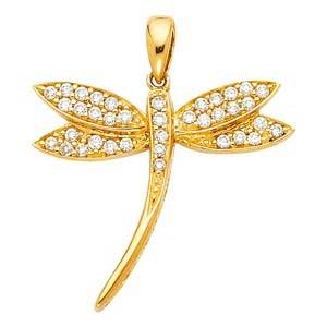 14K Yellow Gold 22mm CZ Dragonfly Pendant