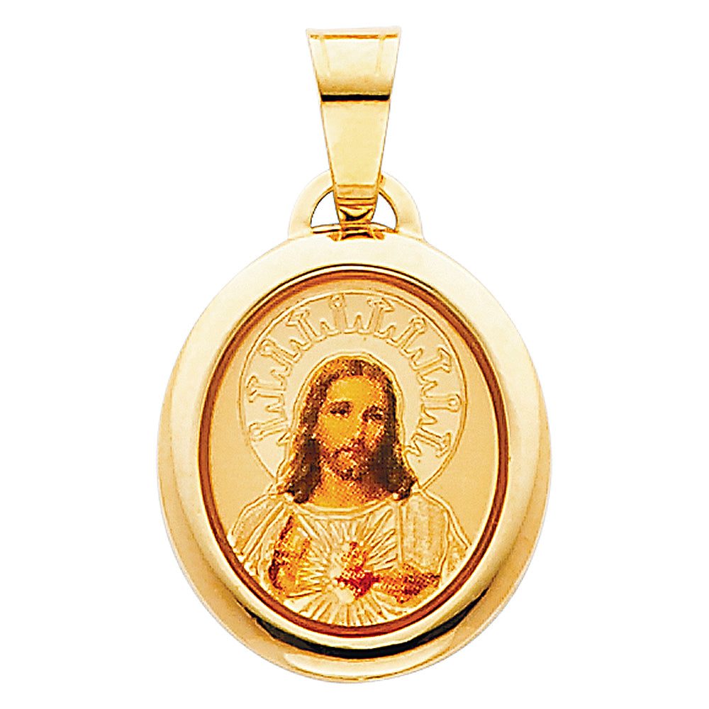 14K Yellow Gold 15mm Jesus Heart Enamel Picture Religious Pendant