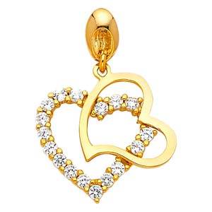 14K Yellow Gold 14mm CZ Double Heart Pendant