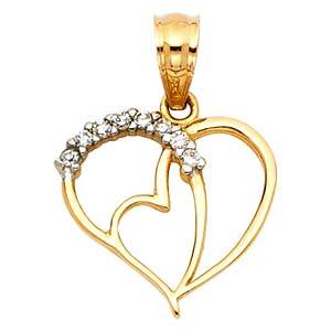 14K Yellow Gold 13mm Hearts CZ Pendant