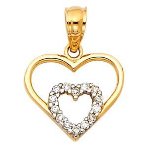 14K Yellow Gold 13mm CZ Hearts Pendant