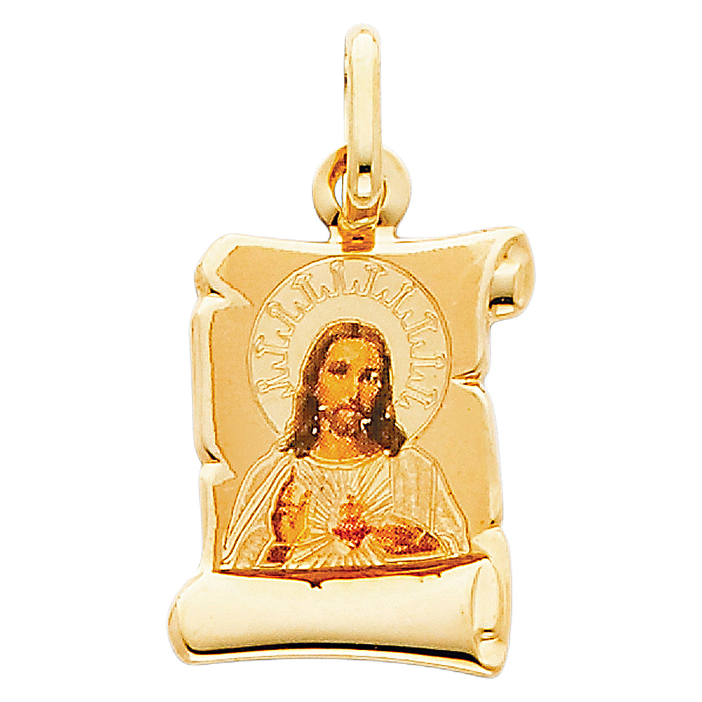 14K Yellow Gold 13mm Jesus Heart Enamel Picture Religious Pendant