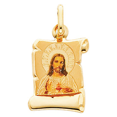 14K Yellow Gold 13mm Jesus Heart Enamel Picture Religious Pendant