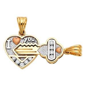 14k Tri Color Gold 41mm CZ Heart And Key Assorted Pendant Set