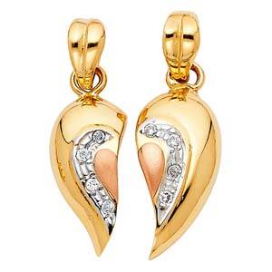 14k Two Tone Gold 17mm CZ Heart 2 Piece Assorted Pendant Set