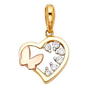 14k Two Tone Gold 10mm CZ Heart With Butterfly Assorted Pendant