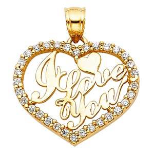 14k Yellow Gold 23mm CZ I Love You Heart Assorted Pendant