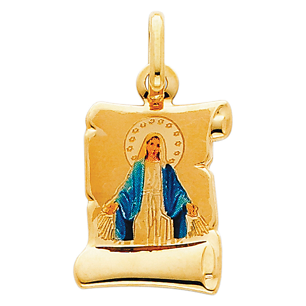 14K Yellow Gold 13mm Blessed Virgin Enamel Picture Religious Pendant