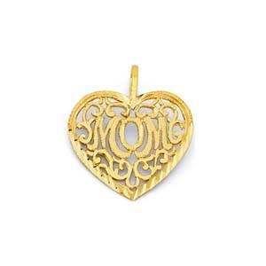 14k Yellow Gold 17mm Filigree Mom Heart Pendant
