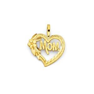 14k Yellow Gold 14mm Mini Mom Heart Pendant With Flower