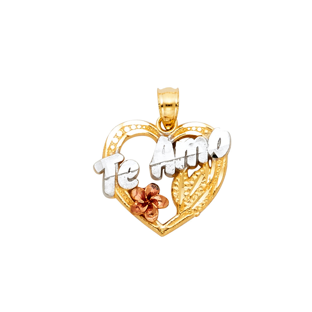 14k Tri Color Gold Te Amo Heart With Flower Pendant