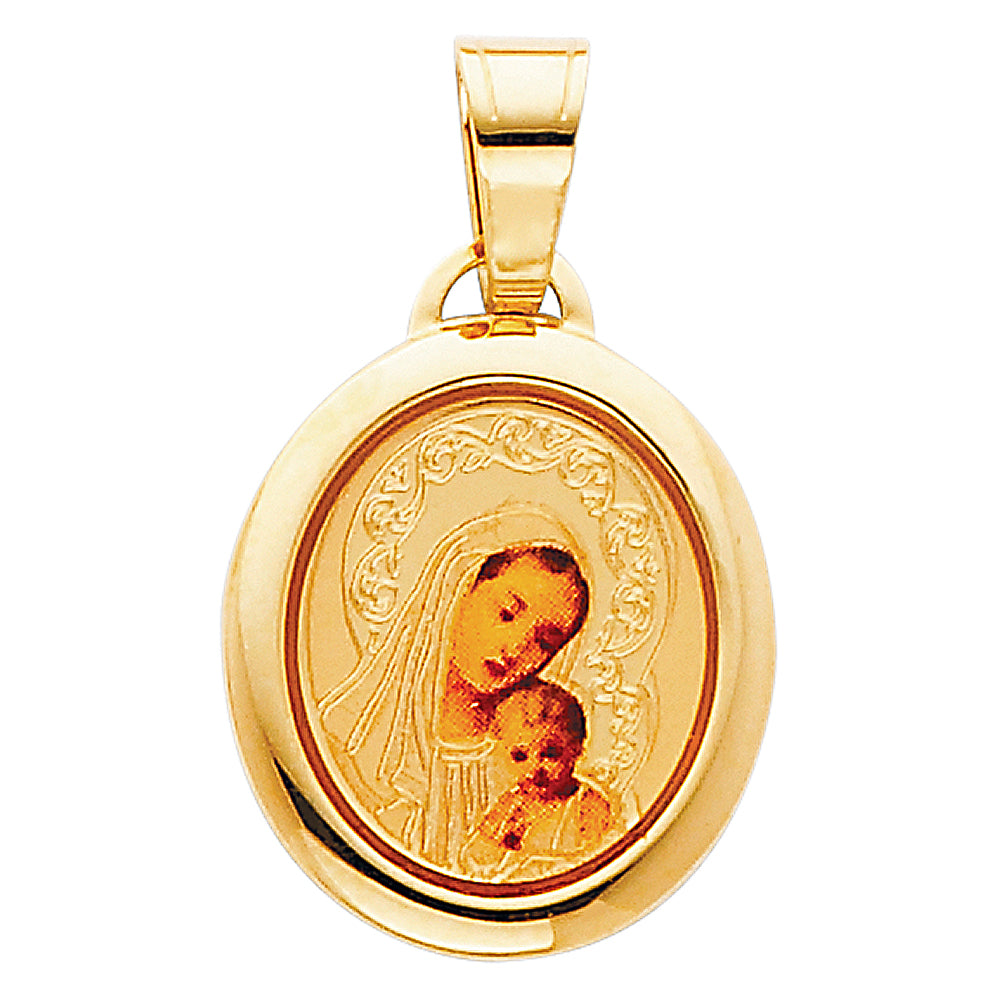 14K Yellow Gold 15mm Blessed Virgin and Baby Jesus Enamel Picture Religious Pendant