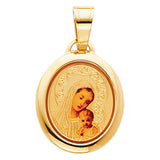 14K Yellow Gold 15mm Blessed Virgin and Baby Jesus Enamel Picture Religious Pendant