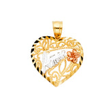 14k Two Tone Gold Amor Heart With Flower Pendant