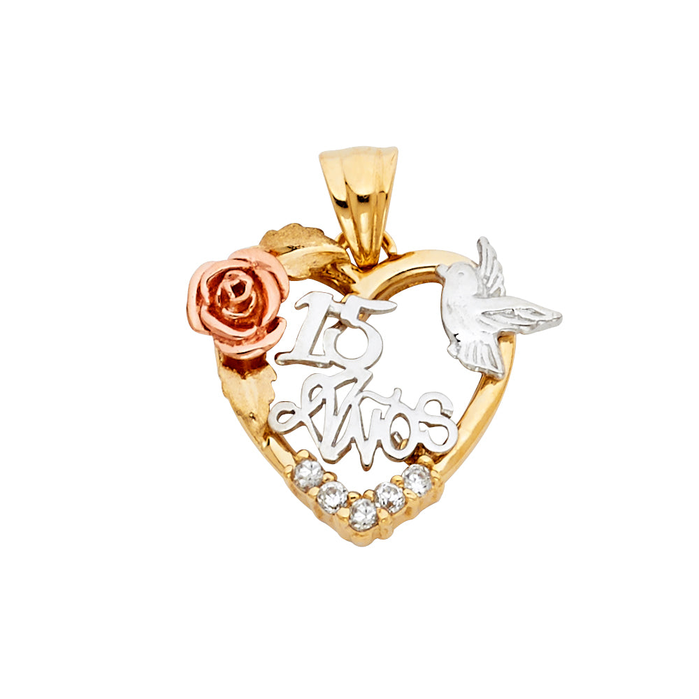 14K Tri Color Sweet 15 Years Heart Pendant