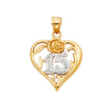 14K Tri Color Sweet 15 Years Heart Pendant