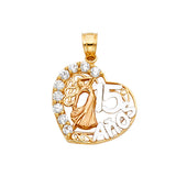 14K Tri Color Sweet 15 Years Heart Pendant