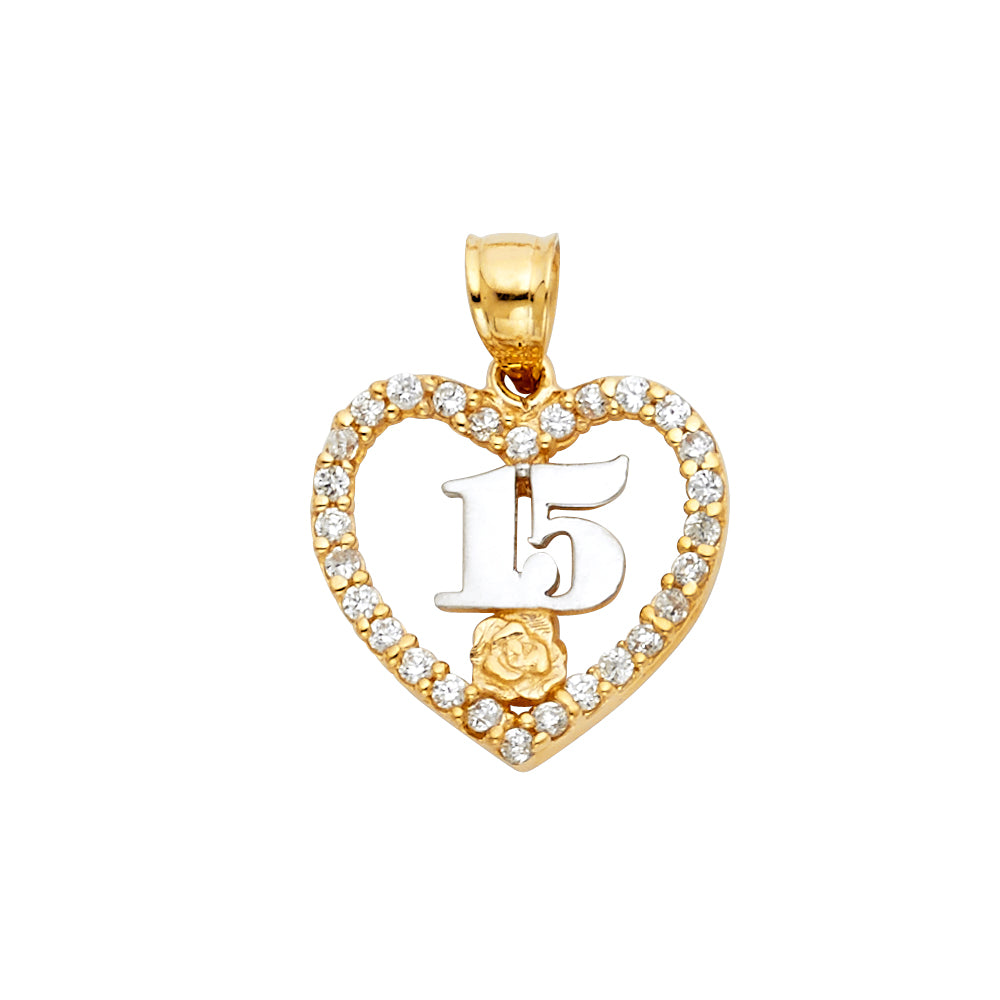 14K Tri Color Sweet 15 Years Heart Pendant