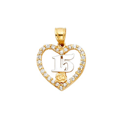 14K Tri Color Sweet 15 Years Heart Pendant