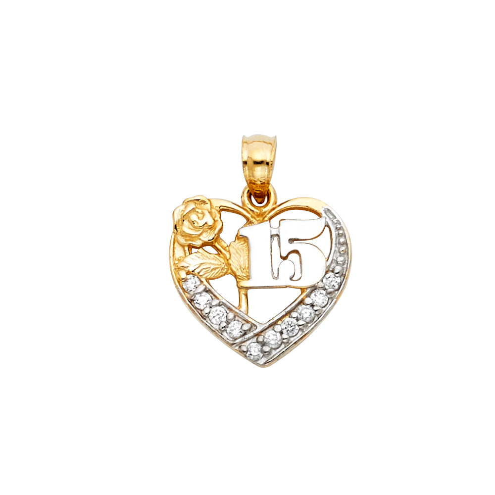 14K Tri Color Sweet 15 Years Heart Pendant