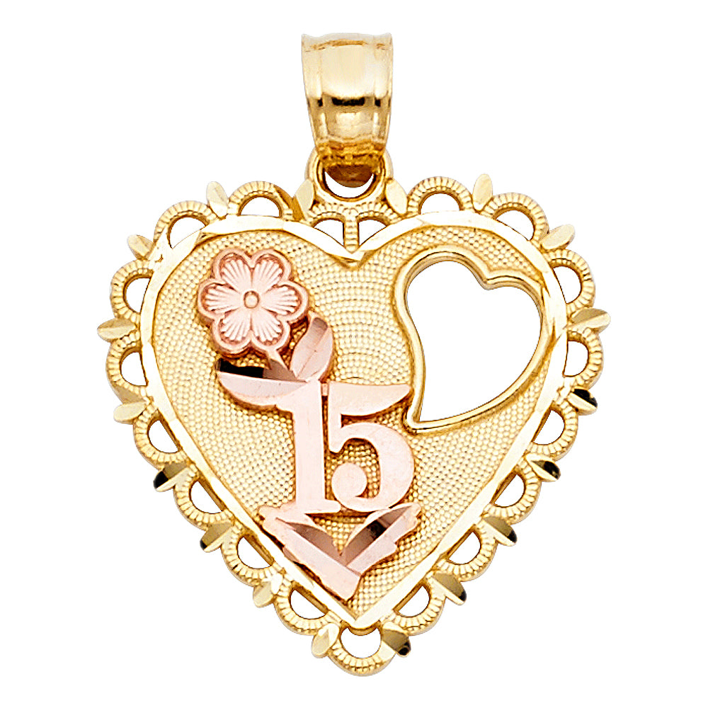 14K Two Tone 21mm 15 Years Years Heart Pendant