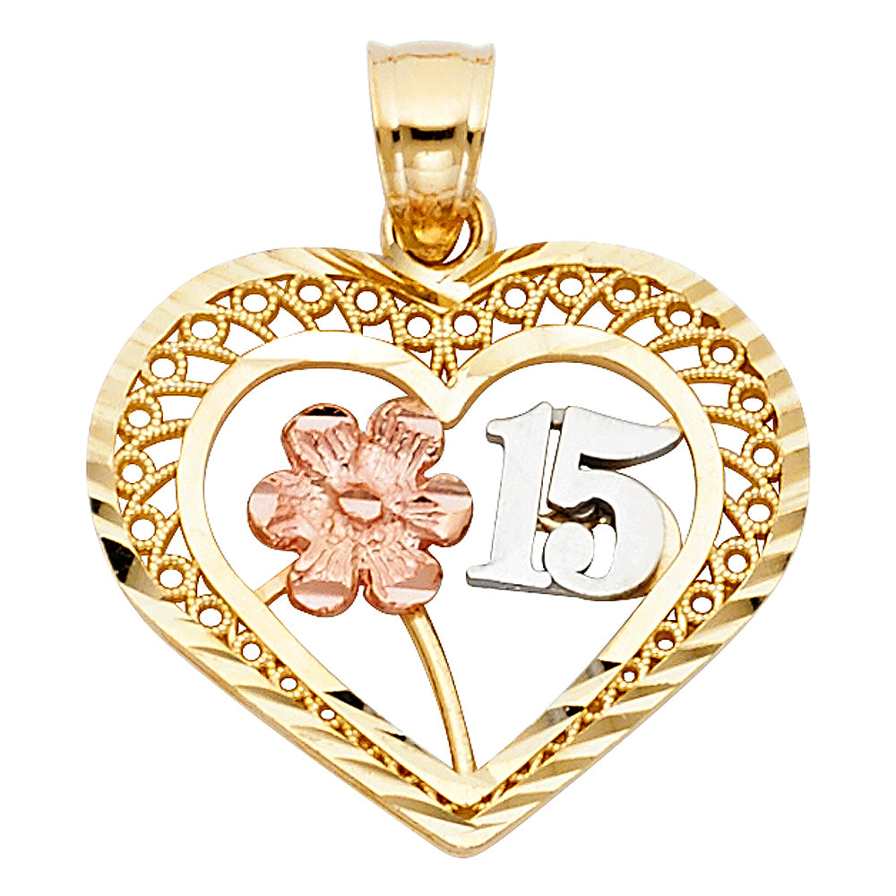 14K Two Tone 22mm 15 Years Years Heart Pendant
