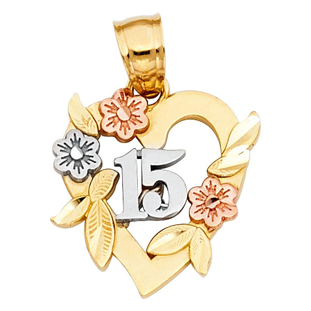 14K Tri Color 15mm 15 Years Years Heart Pendant