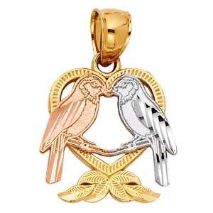 14k Tri Color Gold 15mm Heart With Bird Assorted Pendant